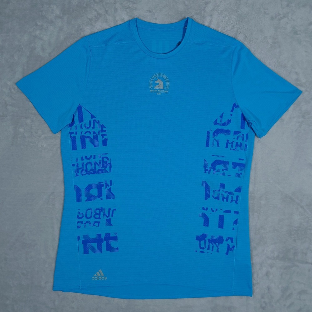 Adidas Boston Marathon 2019 Tee Mens L Blue Graphic Energy Running DX8712